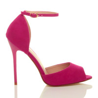 Right side view of Fuchsia Pink Suede High Heel Ankle Strap Stiletto Peep Toe Shoes Sandals