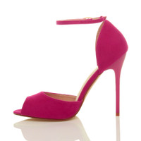 Left side view of Fuchsia Pink Suede High Heel Ankle Strap Stiletto Peep Toe Shoes Sandals