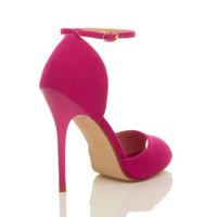 Back right side view of Fuchsia Pink Suede High Heel Ankle Strap Stiletto Peep Toe Shoes Sandals