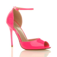 Front right side view of Neon Fuchsia Patent High Heel Ankle Strap Stiletto Peep Toe Shoes Sandals