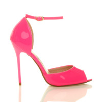 Right side view of Neon Fuchsia Patent High Heel Ankle Strap Stiletto Peep Toe Shoes Sandals