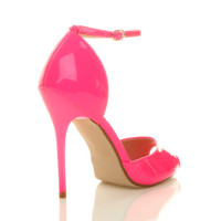 Back right side view of Neon Fuchsia Patent High Heel Ankle Strap Stiletto Peep Toe Shoes Sandals