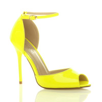 Front right side view of Neon Yellow Patent High Heel Ankle Strap Stiletto Peep Toe Shoes Sandals