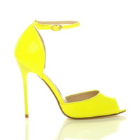 Right side view of Neon Yellow Patent High Heel Ankle Strap Stiletto Peep Toe Shoes Sandals