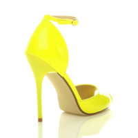 Back right side view of Neon Yellow Patent High Heel Ankle Strap Stiletto Peep Toe Shoes Sandals