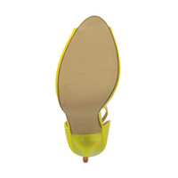 Bottom view of the sole of Neon Yellow Patent High Heel Ankle Strap Stiletto Peep Toe Shoes Sandals