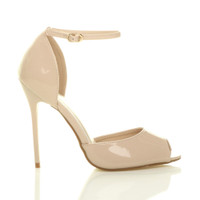 Right side view of Nude Patent High Heel Ankle Strap Stiletto Peep Toe Shoes Sandals