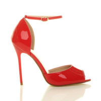 Right side view of Red Patent High Heel Ankle Strap Stiletto Peep Toe Shoes Sandals