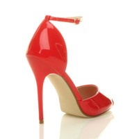 Back right side view of Red Patent High Heel Ankle Strap Stiletto Peep Toe Shoes Sandals