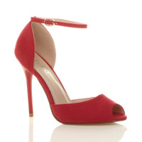 Front right side view of Red Suede High Heel Ankle Strap Stiletto Peep Toe Shoes Sandals