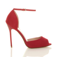 Right side view of Red Suede High Heel Ankle Strap Stiletto Peep Toe Shoes Sandals
