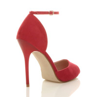 Back right side view of Red Suede High Heel Ankle Strap Stiletto Peep Toe Shoes Sandals