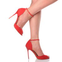 Model wearing Red Suede High Heel Ankle Strap Stiletto Peep Toe Shoes Sandals