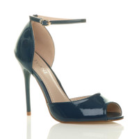 Front right side view of Teal Patent High Heel Ankle Strap Stiletto Peep Toe Shoes Sandals