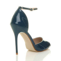 Back right side view of Teal Patent High Heel Ankle Strap Stiletto Peep Toe Shoes Sandals