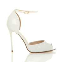 Right side view of White Patent High Heel Ankle Strap Stiletto Peep Toe Shoes Sandals