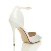 Back right side view of White Patent High Heel Ankle Strap Stiletto Peep Toe Shoes Sandals