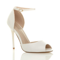 Front right side view of White PU High Heel Ankle Strap Stiletto Peep Toe Shoes Sandals
