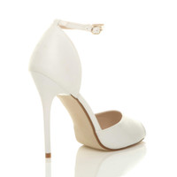 Back right side view of White PU High Heel Ankle Strap Stiletto Peep Toe Shoes Sandals