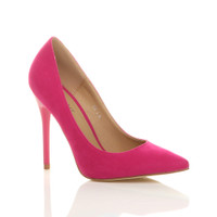 Front right side view of Fuchsia Pink Suede High Heel Pointed Court Shoes