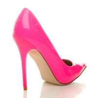 Back right side view of Neon Fuchsia Patent High Heel Pointed Court Shoes
