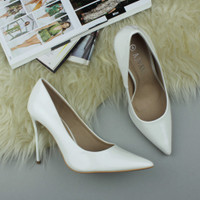 Closeup view of features of White Patent High Heel Pointed Court Shoes