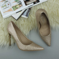 Closeup view of features of Rose Gold Glitter High Heel Pointed Court Shoes