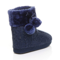 Back right side view of Navy Glitter Knit Fur Lined Winter Ankle Boots Slippers Booties