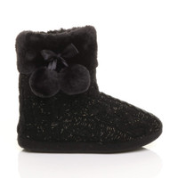 Right side view of Black Glitter Knit Fur Lined Winter Ankle Boots Slippers Booties