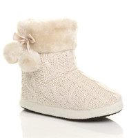 Front right side view of Beige Glitter Knit Fur Lined Winter Ankle Boots Slippers Booties