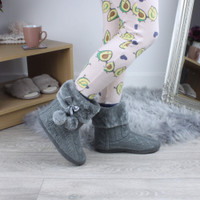 Model wearing Grey Glitter Knit Fur Lined Winter Ankle Boots Slippers Booties