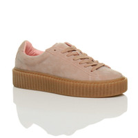 Front right side view of Baby Pink Suede Platform Flatform Creepers Trainers