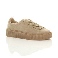Front right side view of Beige Suede Platform Flatform Creepers Trainers