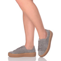Model wearing Grey Suede Platform Flatform Creepers Trainers
