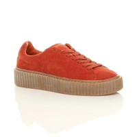 Front right side view of Orange Suede Platform Flatform Creepers Trainers