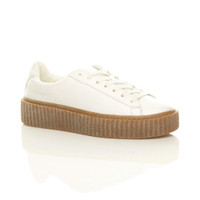 Front right side view of White PU Platform Flatform Creepers Trainers
