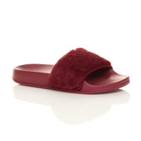 Front right side view of Burgundy Fur Flat Faux Fur Sandals Sliders