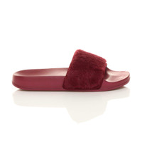 Right side view of Burgundy Fur Flat Faux Fur Sandals Sliders
