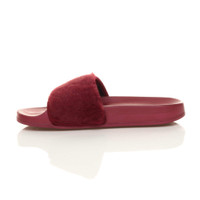 Left side view of Burgundy Fur Flat Faux Fur Sandals Sliders