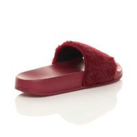 Back right side view of Burgundy Fur Flat Faux Fur Sandals Sliders