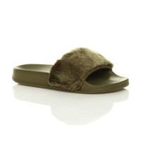 Front right side view of Khaki Fur Flat Faux Fur Sandals Sliders