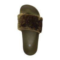 Top view of Khaki Fur Flat Faux Fur Sandals Sliders