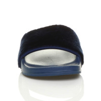 Front view of Navy Fur Flat Faux Fur Sandals Sliders