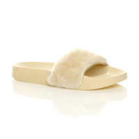 Front right side view of Beige Fur Flat Faux Fur Sandals Sliders