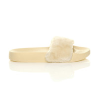 Right side view of Beige Fur Flat Faux Fur Sandals Sliders