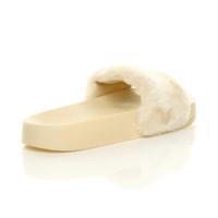 Back right side view of Beige Fur Flat Faux Fur Sandals Sliders