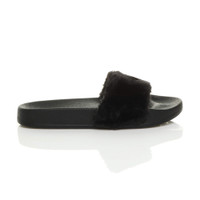 Right side view of Black Fur Flat Faux Fur Sandals Sliders