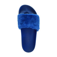 Top view of Blue Fur Flat Faux Fur Sandals Sliders