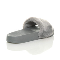 Back right side view of Grey Fur Flat Faux Fur Sandals Sliders