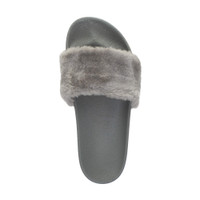 Top view of Grey Fur Flat Faux Fur Sandals Sliders